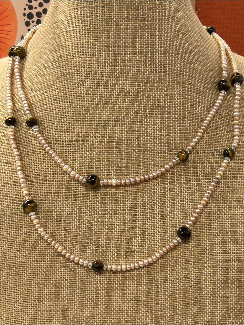 Artisan Freshwater pearl and Tiger’s Eye opera length necklace